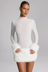 Faux Fur Trim Turtleneck Mini Dress in White