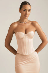Satin Lace Up Corset Top in Beige Gold