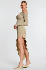 Long Sleeve Off The Shoulder Modal Cashmere Blend Maxi Dress in Taupe