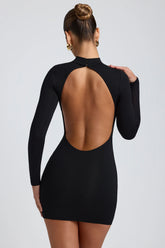 Modal Open Back Long Sleeve Mini Dress in Black
