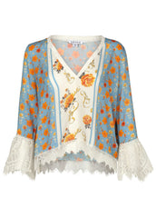 Lace Trim Woven Top Blue Multi