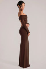Off Shoulder Long Sleeve Maxi Dress in Chocolate Brown