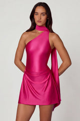 Asymmetric Scarf Detail Mini Dress in Hot Pink