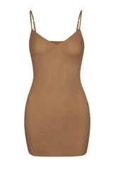 Soft Mesh V Neck Mini Slip Dress in Almond
