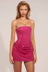 Embellished Draped Strapless A Line Mini Dress in Hot Pink