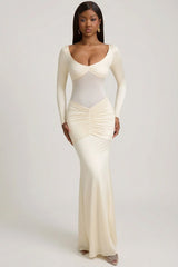 Bow Detail Ruched Maxi Dress in Ivory