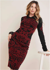 Printed Midi Sweater Dress Black Wine
