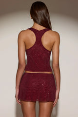 Embellished Jersey Scoop Neck Racerback Top in Burgundy
