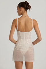 Semi Sheer Embellished Draped Corset Mini Dress in White