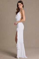 Chiffon Cowl Neck Open Back Gown in Snow