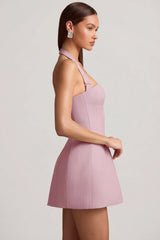 Pinstripe Halterneck Structured A Line Mini Dress in Mauve