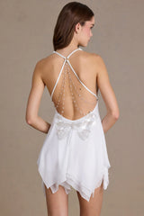 Chiffon Plunge Neck Open Back Mini Dress in Snow