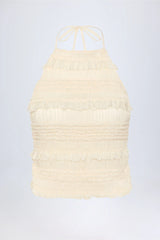 Ruffled High Neck Backless Top in Ivory