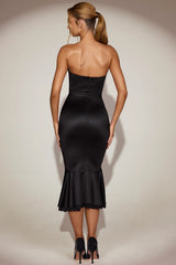 Satin Lace Trim Bandeau Fluted Midaxi Dress in Black