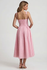 Broderie Anglaise Bow Detail A Line Midaxi Dress in Soft Pink