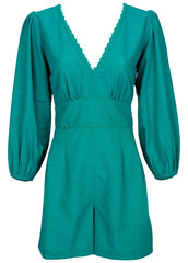 Linen Balloon Sleeve Romper Tropical Green