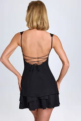Ruffle Trim Button Detail Corset Mini Dress in Black