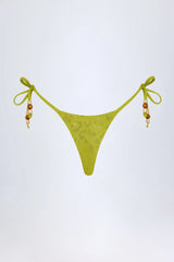 Charm Detail Thong Bikini Bottoms in Olive Green