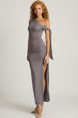 Off Shoulder Ruched Tie Detail Maxi Dress in Steel Grey