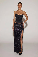 Embellished Mid Rise Thigh Split Maxi Skirt in Black Purple