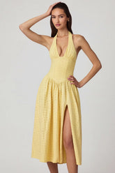 Modal Broderie Anglaise Halterneck Midaxi Dress in Lemon Yellow