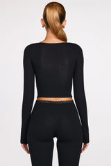 Ribbed Modal Long Sleeve Laced Bra Top in Black