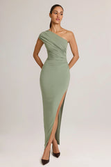 Modal Asymmetric Ruched Maxi Dress in Sage Green