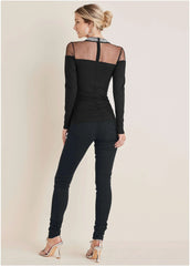 Embellished Neck Mesh Top Jet Black