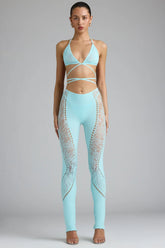 Petite Embellished Mid Rise Flared Trousers in Ice Blue