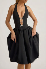 Halterneck Bow Detail Midi Dress in Black