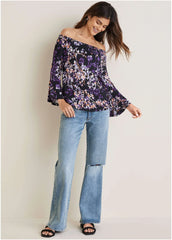 Bell Sleeve Printed Top Purple Multi