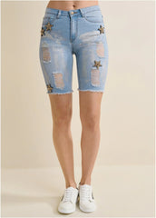 Mid Rise Star Shorts Light Wash