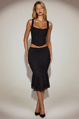 Lace Mid Rise Fluted Midi Skirt in Black