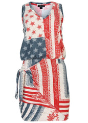 V Neck Side Wrap Mini Dress Americana Patchwork Stripe