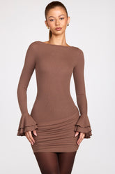 Ribbed Modal Long Sleeve Draped Mini Dress in Mocha
