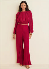 Plisse Wide Leg Pants Red