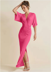 Drape Sleeve Maxi Dress Hot Pink