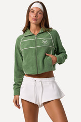 Terry Towelling Zip Up Cropped Sweatshirt in Jade