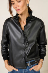 Faux Leather Ruffle Neck Shirt