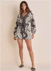 Linen Tie Waist Romper Summer Prairie Patchwork Floral
