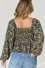 Evelina Black And Yellow Floral Ruched Babydoll Top