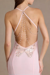Chiffon Cowl Neck Open Back Gown in Baby Pink