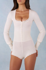 Knit Long Sleeve Romper in Ivory