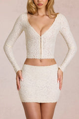 Lace Plunge Cardigan in Pearl