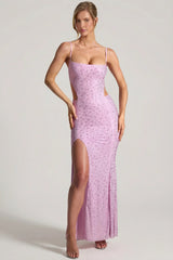 Embellished Cut Out Fishtail Maxi Dress in Peony Pink