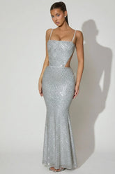 Embellished Cut Out Gown in Silver