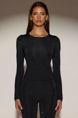 Embellished Crew Neck Long Sleeve Top in Black