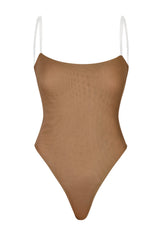 Soft Mesh Invisible Strap Thong Bodysuit in Almond