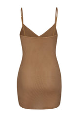 Soft Mesh V Neck Mini Slip Dress in Almond