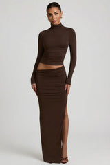 Modal Asymmetric Waist Maxi Skirt in Chocolate Brown